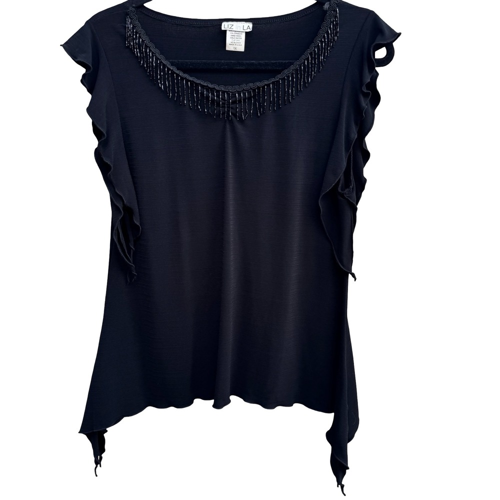 Liz in LA Whisigoth Witchy Beaded‎ Flutter Sleeve Handkerchief Hem Blouse 1X